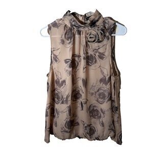 Elena Solano Tank Top Women's Large 100% Silk Floral Sleeveless Shirt Mock Neck